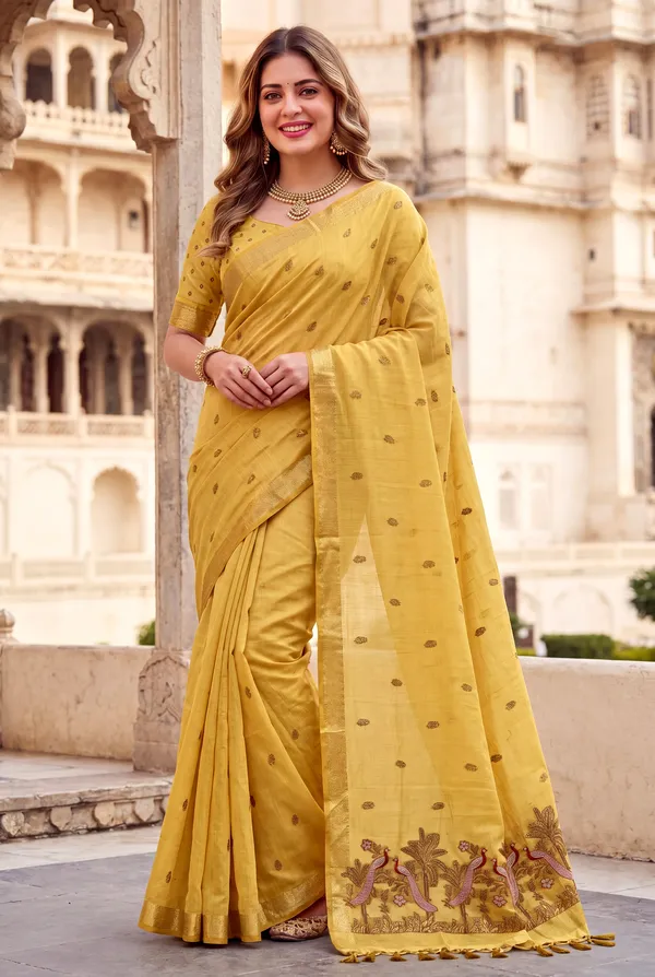 Premium_Soft_Muga_Cotton_sarees_with_Beautiful_Colourfull_Resham_Weaving__Peacock_Design_Pallu_With_Attractive_Traditional_Zari_Weaving__With_All_Over__Resham_Weaving__And_Resham_Weaving_Butti_Blouse_With_Fancy_Tassels