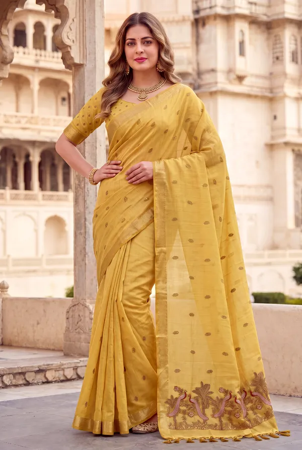 Premium_Soft_Muga_Cotton_sarees_with_Beautiful_Colourfull_Resham_Weaving__Peacock_Design_Pallu_With_Attractive_Traditional_Zari_Weaving__With_All_Over__Resham_Weaving__And_Resham_Weaving_Butti_Blouse_With_Fancy_Tassels