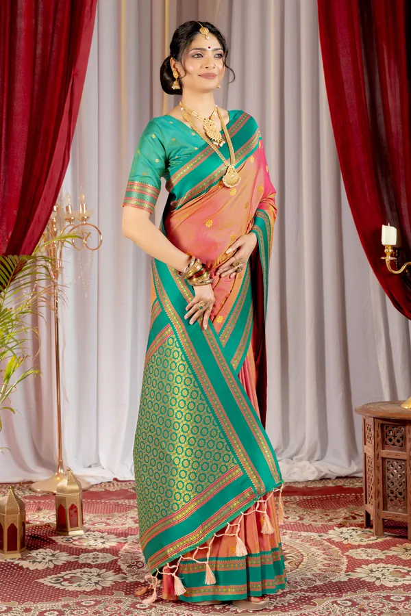 Narayana_Pattu_Narayanpet_Silk_sarees_with_Beautiful_Booti_in_Contrast_Rama-Peach_Shades_With_Attractive_Weaving_Gold_Zari_Design_And_Contrast_Blouse_With_Tassels