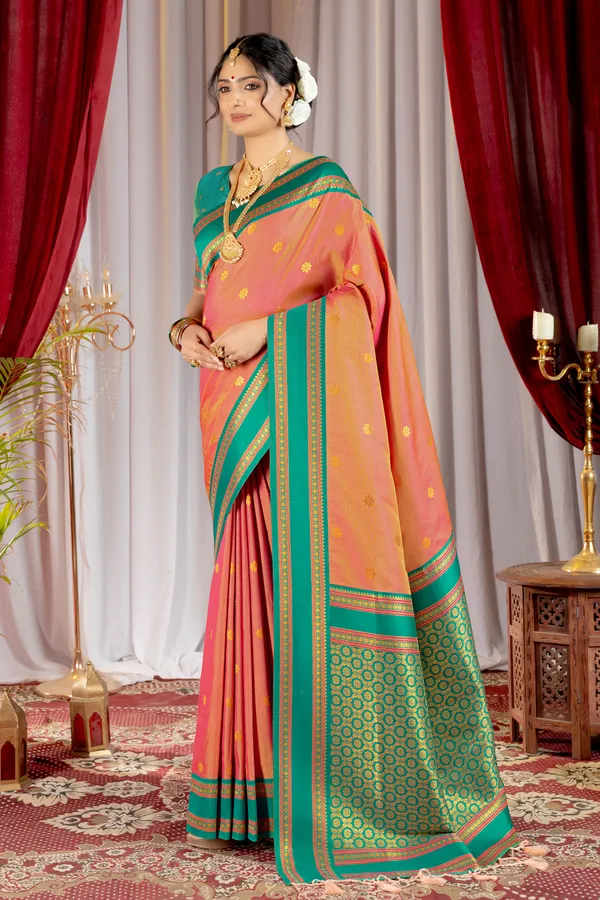 Narayana_Pattu_Narayanpet_Silk_sarees_with_Beautiful_Booti_in_Contrast_Rama-Peach_Shades_With_Attractive_Weaving_Gold_Zari_Design_And_Contrast_Blouse_With_Tassels
