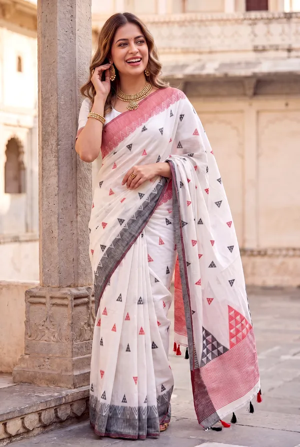 Premium_Soft_Bengali_Cotton_sarees_with_Beautiful_Colourfull_Triangle_Resham_Weaving_Design_Pallu_With_Attractive_All_Over_Resham_Weaving_Triangle_Design_With_Resham_Weaving_Border_And_Running_Blouse_With_Fancy_Tassels