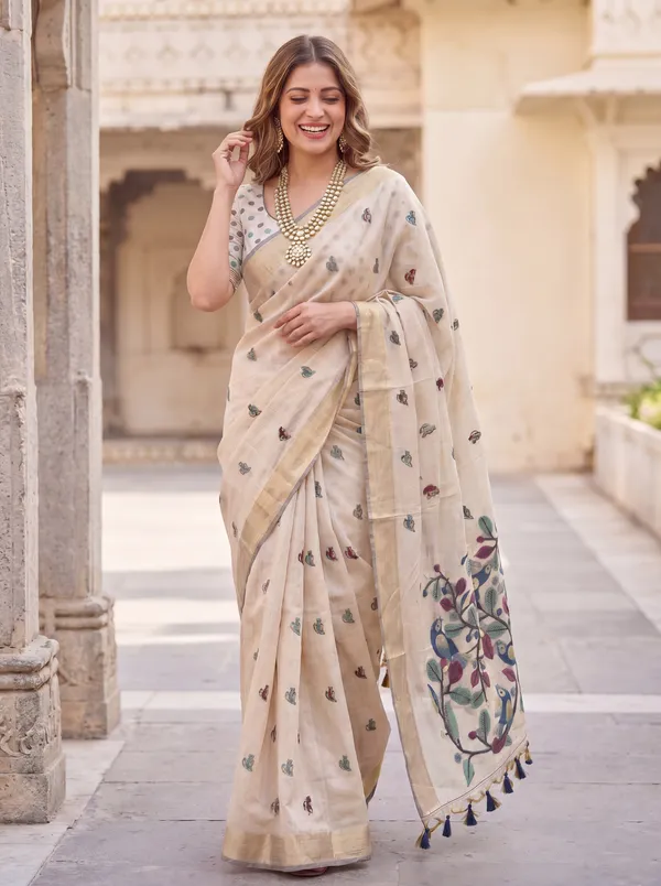 Premium_Soft_Muga_Cotton_sarees_with_Beautiful_?Colourfull_Resham_Weaving_Pallu_With_Attractive_Traditional_Zari_Weaving_Border_With_All_Over_Resham_Weaving_Birds_Design_And_Resham_Weaving_Butti_Blouse_With_Fancy_Tassels
