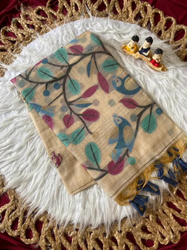 Premium_Soft_Muga_Cotton_sarees_with_Beautiful_?Colourfull_Resham_Weaving_Pallu_With_Attractive_Traditional_Zari_Weaving_Border_With_All_Over_Resham_Weaving_Birds_Design_And_Resham_Weaving_Butti_Blouse_With_Fancy_Tassels