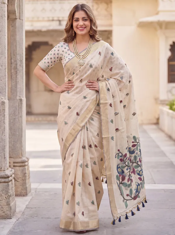 Premium_Soft_Muga_Cotton_sarees_with_Beautiful_?Colourfull_Resham_Weaving_Pallu_With_Attractive_Traditional_Zari_Weaving_Border_With_All_Over_Resham_Weaving_Birds_Design_And_Resham_Weaving_Butti_Blouse_With_Fancy_Tassels
