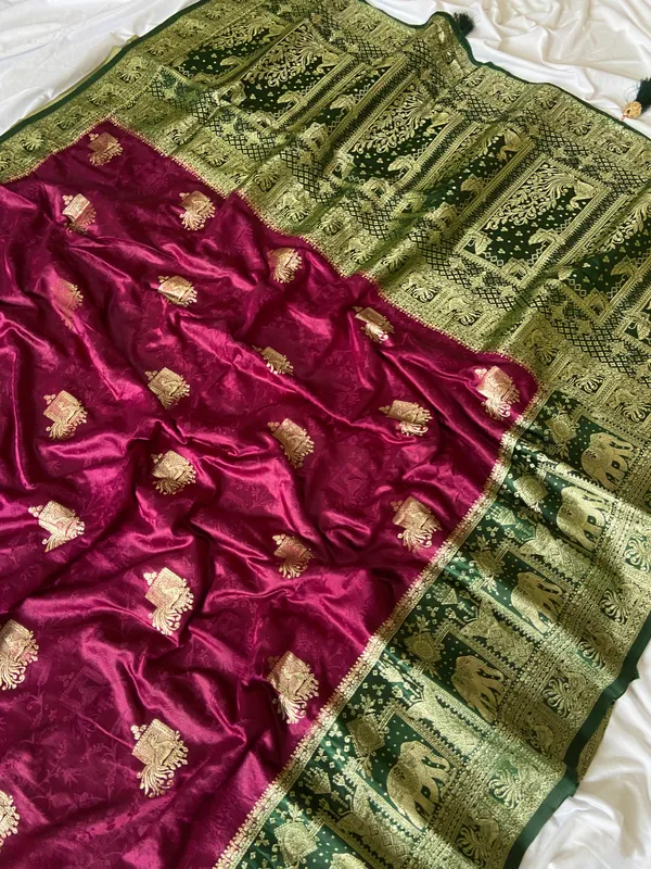 Banarasi_Pure_Satin_Silk_sarees_with_Beautiful_Elephant_in_Contrast_Green-Wine_Shades_With_Attractive_Weaving_Gold_Zari_Design_And_Contrast_Blouse_With_Tassels