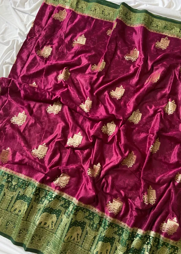 Banarasi_Pure_Satin_Silk_sarees_with_Beautiful_Elephant_in_Contrast_Green-Wine_Shades_With_Attractive_Weaving_Gold_Zari_Design_And_Contrast_Blouse_With_Tassels