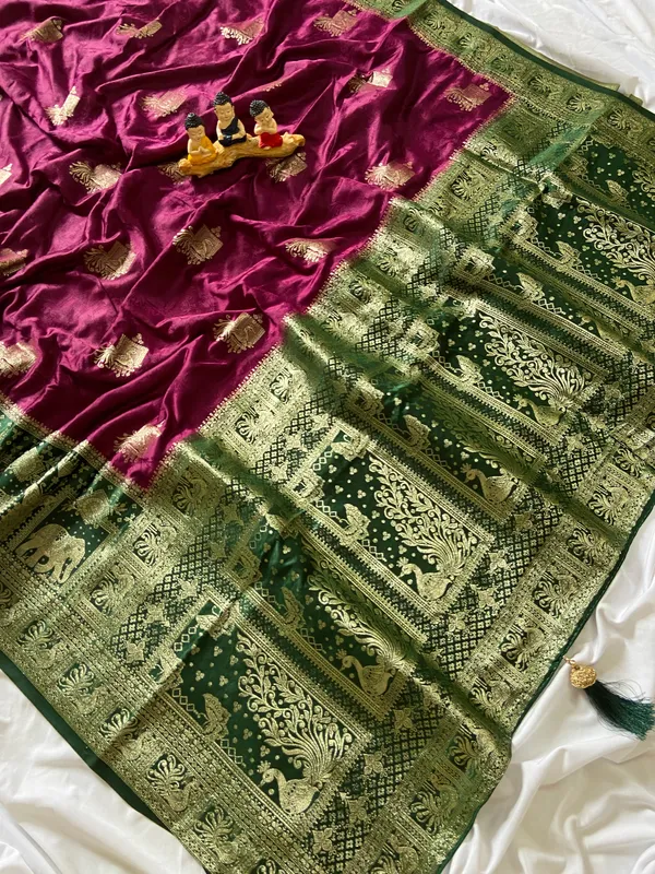 Banarasi_Pure_Satin_Silk_sarees_with_Beautiful_Elephant_in_Contrast_Green-Wine_Shades_With_Attractive_Weaving_Gold_Zari_Design_And_Contrast_Blouse_With_Tassels