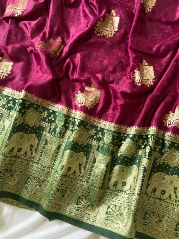 Banarasi_Pure_Satin_Silk_sarees_with_Beautiful_Elephant_in_Contrast_Green-Wine_Shades_With_Attractive_Weaving_Gold_Zari_Design_And_Contrast_Blouse_With_Tassels