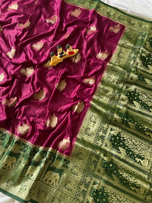 Banarasi_Pure_Satin_Silk_sarees_with_Beautiful_Elephant_in_Contrast_Green-Wine_Shades_With_Attractive_Weaving_Gold_Zari_Design_And_Contrast_Blouse_With_Tassels