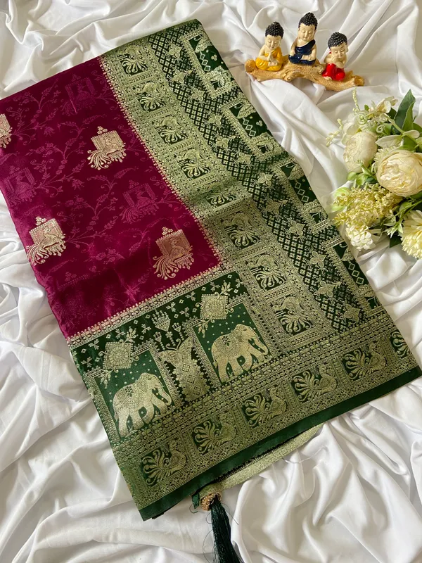 Banarasi_Pure_Satin_Silk_sarees_with_Beautiful_Elephant_in_Contrast_Green-Wine_Shades_With_Attractive_Weaving_Gold_Zari_Design_And_Contrast_Blouse_With_Tassels