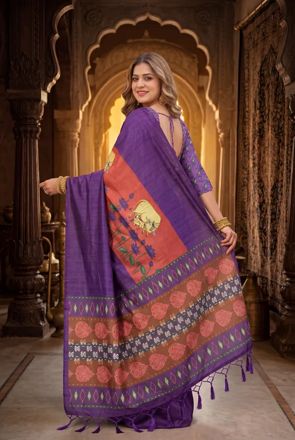 Soft_Desi_Tussar_Silk_sarees_with_Beautiful_Digital_Print_With_Attractive_Border_And_Contrast_Print_Blouse_With_Tassels
