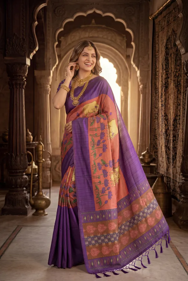Soft_Desi_Tussar_Silk_sarees_with_Beautiful_Digital_Print_With_Attractive_Border_And_Contrast_Print_Blouse_With_Tassels