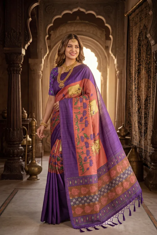 Soft_Desi_Tussar_Silk_sarees_with_Beautiful_Digital_Print_With_Attractive_Border_And_Contrast_Print_Blouse_With_Tassels