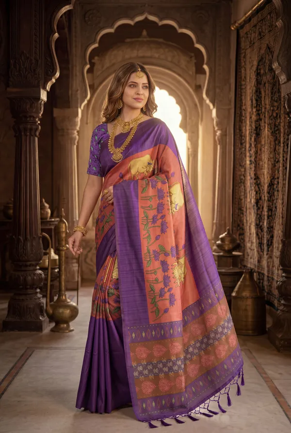 Soft_Desi_Tussar_Silk_sarees_with_Beautiful_Digital_Print_With_Attractive_Border_And_Contrast_Print_Blouse_With_Tassels