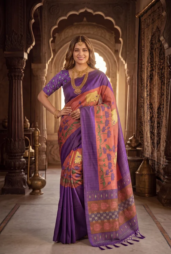 Soft_Desi_Tussar_Silk_sarees_with_Beautiful_Digital_Print_With_Attractive_Border_And_Contrast_Print_Blouse_With_Tassels