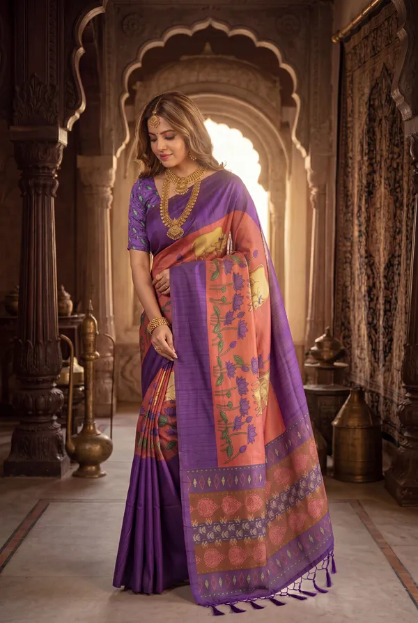 Soft_Desi_Tussar_Silk_sarees_with_Beautiful_Digital_Print_With_Attractive_Border_And_Contrast_Print_Blouse_With_Tassels
