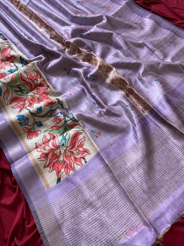 Soft_Semi_Tussar_Silk_sarees_with_Beautiful_Digital_Print_With_Attractive_Border_And_Contrast_Print_Blouse_With_Tassels