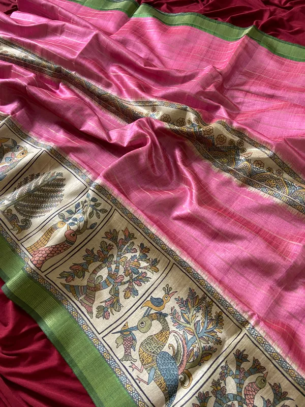 Soft_Semi_Tussar_Silk_sarees_with_Beautiful_Digital_Print_With_Attractive_Border_And_Contrast_Print_Blouse_With_Tassels