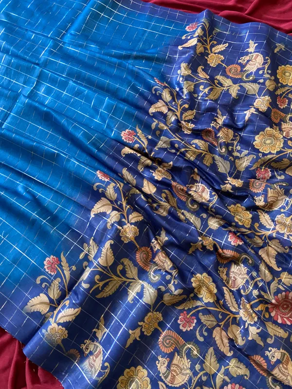 Soft_Semi_Tussar_Silk_sarees_with_Beautiful_Digital_Print_With_Attractive_Border_And_Contrast_Print_Blouse_With_Tassels