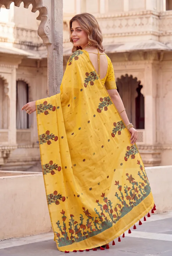 Premium_Soft_Muga_Cotton_sarees_with_Beautiful_Colourfull_Resham_Weaving__Flower_Design_Pallu_With_Attractive_Traditional_Zari_Weaving__With_All_Over__Resham_Weaving__And_Resham_Weaving_Butti_Blouse_With_Fancy_Tassels