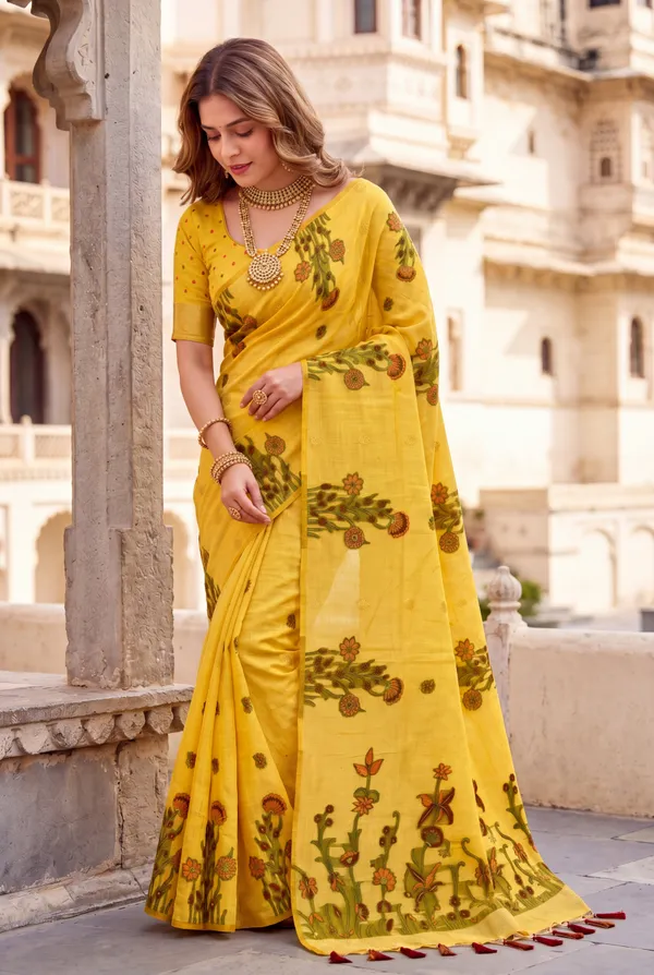 Premium_Soft_Muga_Cotton_sarees_with_Beautiful_Colourfull_Resham_Weaving__Flower_Design_Pallu_With_Attractive_Traditional_Zari_Weaving__With_All_Over__Resham_Weaving__And_Resham_Weaving_Butti_Blouse_With_Fancy_Tassels