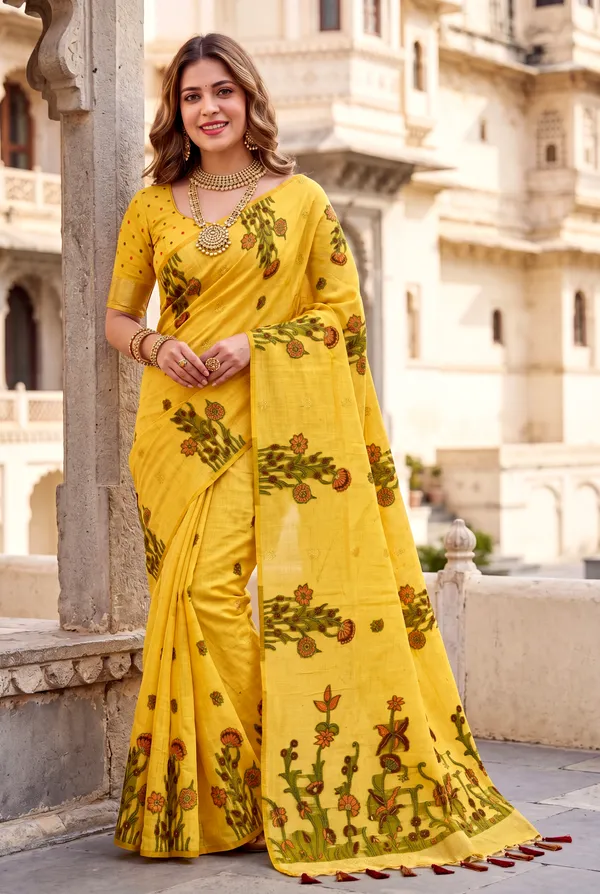 Premium_Soft_Muga_Cotton_sarees_with_Beautiful_Colourfull_Resham_Weaving__Flower_Design_Pallu_With_Attractive_Traditional_Zari_Weaving__With_All_Over__Resham_Weaving__And_Resham_Weaving_Butti_Blouse_With_Fancy_Tassels