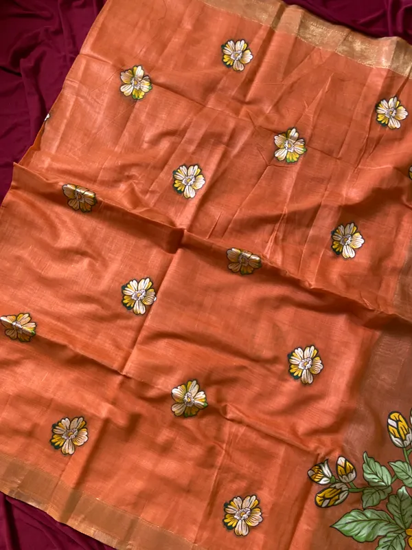 Premium_Soft_Muga_Cotton_sarees_with_Beautiful_Colourfull_Resham_Weaving_Flower_Design_Pallu_With_Attractive_All_Over_Resham_Weaving__Flower_Design_With_Zari_Weaving_Border_And_Contrast_Blouse_With_Fancy_Tassels