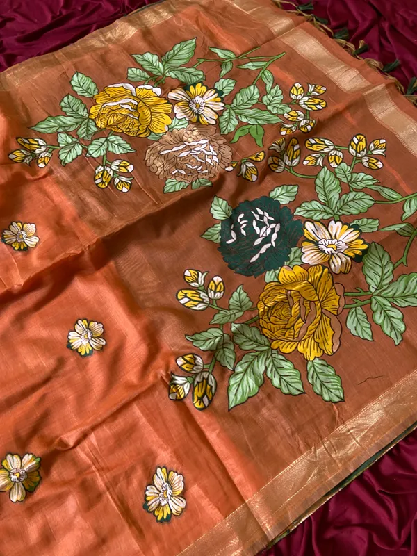Premium_Soft_Muga_Cotton_sarees_with_Beautiful_Colourfull_Resham_Weaving_Flower_Design_Pallu_With_Attractive_All_Over_Resham_Weaving__Flower_Design_With_Zari_Weaving_Border_And_Contrast_Blouse_With_Fancy_Tassels