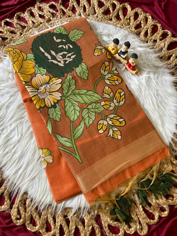 Premium_Soft_Muga_Cotton_sarees_with_Beautiful_Colourfull_Resham_Weaving_Flower_Design_Pallu_With_Attractive_All_Over_Resham_Weaving__Flower_Design_With_Zari_Weaving_Border_And_Contrast_Blouse_With_Fancy_Tassels