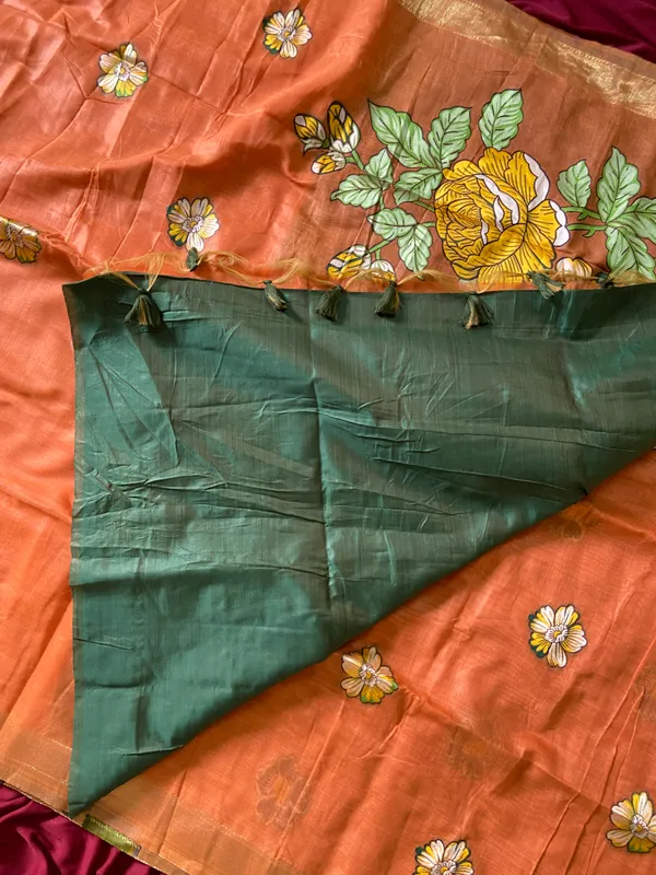 Premium_Soft_Muga_Cotton_sarees_with_Beautiful_Colourfull_Resham_Weaving_Flower_Design_Pallu_With_Attractive_All_Over_Resham_Weaving__Flower_Design_With_Zari_Weaving_Border_And_Contrast_Blouse_With_Fancy_Tassels