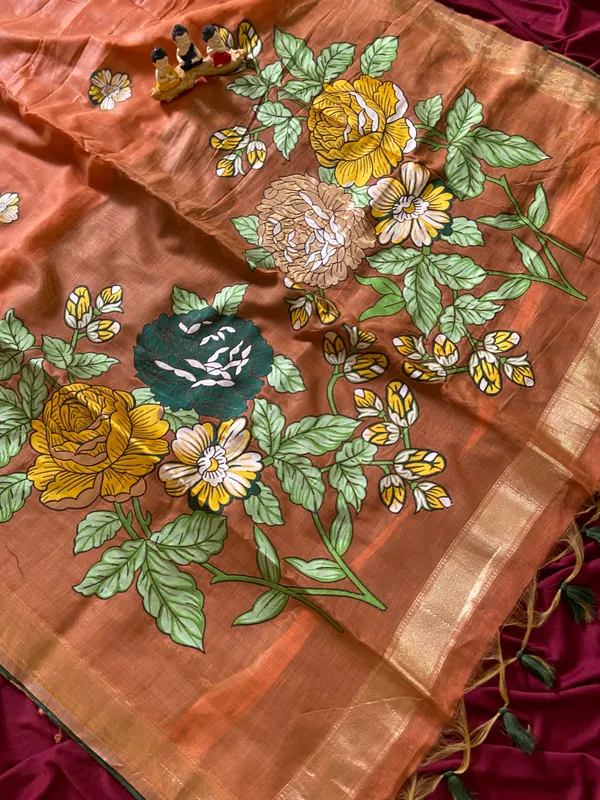 Premium_Soft_Muga_Cotton_sarees_with_Beautiful_Colourfull_Resham_Weaving_Flower_Design_Pallu_With_Attractive_All_Over_Resham_Weaving__Flower_Design_With_Zari_Weaving_Border_And_Contrast_Blouse_With_Fancy_Tassels