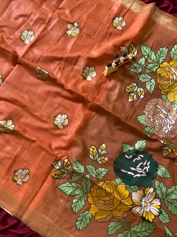 Premium_Soft_Muga_Cotton_sarees_with_Beautiful_Colourfull_Resham_Weaving_Flower_Design_Pallu_With_Attractive_All_Over_Resham_Weaving__Flower_Design_With_Zari_Weaving_Border_And_Contrast_Blouse_With_Fancy_Tassels