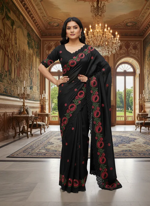 Heavy_Tussar_Silk_sarees_with_Beautiful_Embroidery_&_Sequence_Work_With_Attractive_Cutwork_Border_And_Heavy_Embroidery_&_Sequence_Work_Running_Blouse