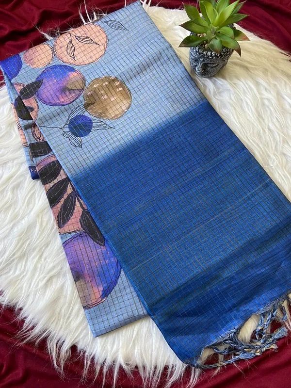 Soft_Tussar_Silk_sarees_with_Beautiful_Digital_Print_With_Attractive_Checks_Design_Saree_And_Digital_Print_Blouse_With_Tassels