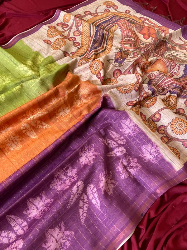 Soft_Tussar_Silk_sarees_with_Beautiful_Style_Of_Kalamkari_Digital_Print_With_Attractive_Border_And_Contrast_Print_Blouse_With_Tassels