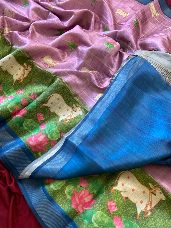 Soft_Semi_Tussar_Silk_sarees_with_Beautiful_Digital_Print_With_Attractive_Border_And_Contrast_Print_Blouse_With_Tassels