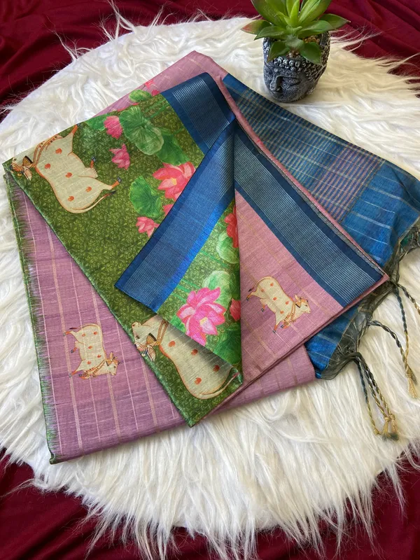 Soft_Semi_Tussar_Silk_sarees_with_Beautiful_Digital_Print_With_Attractive_Border_And_Contrast_Print_Blouse_With_Tassels