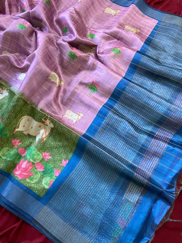 Soft_Semi_Tussar_Silk_sarees_with_Beautiful_Digital_Print_With_Attractive_Border_And_Contrast_Print_Blouse_With_Tassels