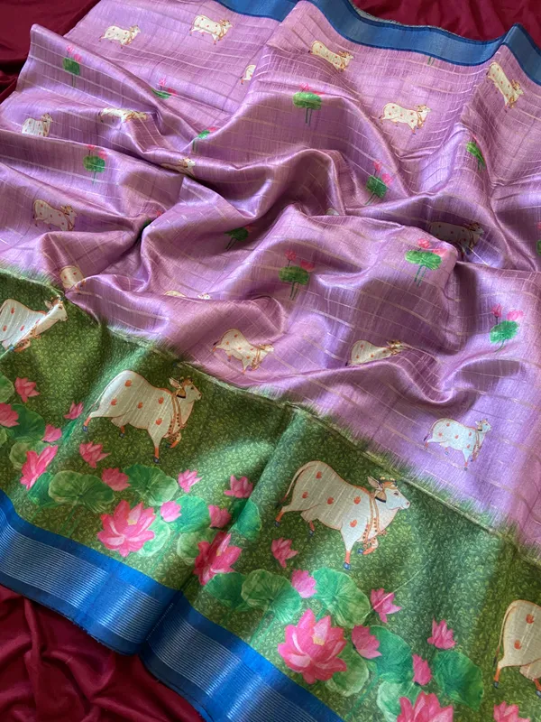 Soft_Semi_Tussar_Silk_sarees_with_Beautiful_Digital_Print_With_Attractive_Border_And_Contrast_Print_Blouse_With_Tassels