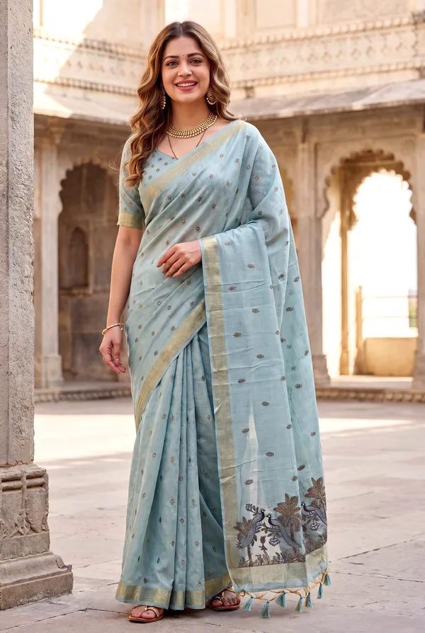 Premium_Soft_Muga_Cotton_sarees_with_Beautiful_Colourfull_Resham_Weaving__Peacock_Design_Pallu_With_Attractive_Traditional_Zari_Weaving__With_All_Over__Resham_Weaving__And_Resham_Weaving_Butti_Blouse_With_Fancy_Tassels