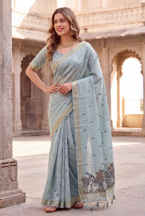 Premium_Soft_Muga_Cotton_sarees_with_Beautiful_Colourfull_Resham_Weaving__Peacock_Design_Pallu_With_Attractive_Traditional_Zari_Weaving__With_All_Over__Resham_Weaving__And_Resham_Weaving_Butti_Blouse_With_Fancy_Tassels