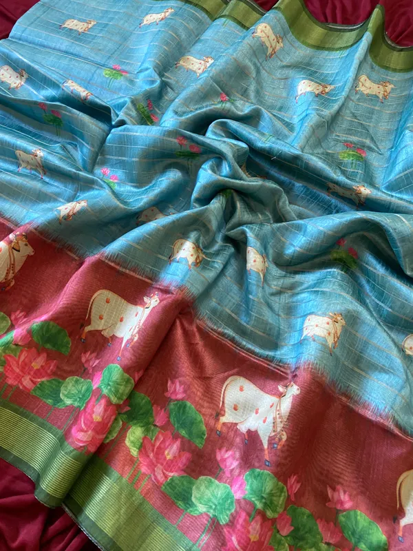 Soft_Semi_Tussar_Silk_sarees_with_Beautiful_Digital_Print_With_Attractive_Border_And_Contrast_Print_Blouse_With_Tassels