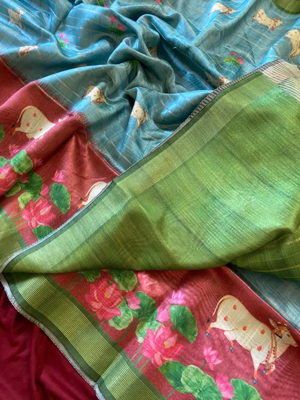 Soft_Semi_Tussar_Silk_sarees_with_Beautiful_Digital_Print_With_Attractive_Border_And_Contrast_Print_Blouse_With_Tassels