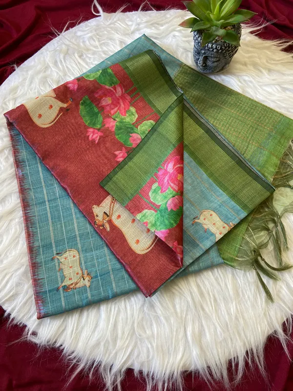 Soft_Semi_Tussar_Silk_sarees_with_Beautiful_Digital_Print_With_Attractive_Border_And_Contrast_Print_Blouse_With_Tassels