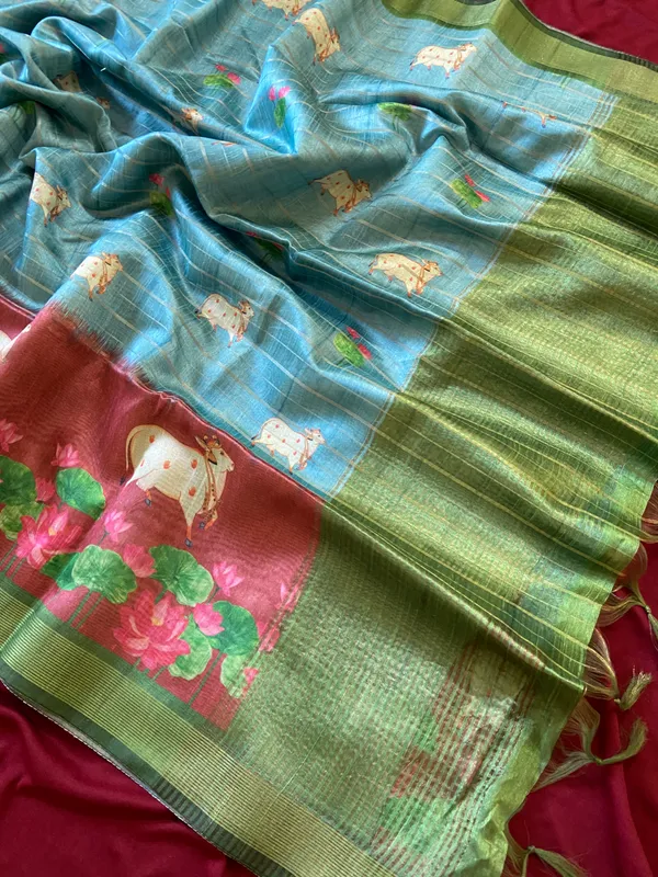 Soft_Semi_Tussar_Silk_sarees_with_Beautiful_Digital_Print_With_Attractive_Border_And_Contrast_Print_Blouse_With_Tassels