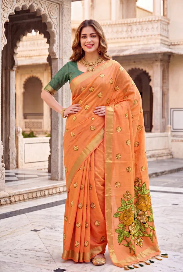 Premium_Soft_Muga_Cotton_sarees_with_Beautiful_Colourfull_Resham_Weaving_Flower_Design_Pallu_With_Attractive_All_Over_Resham_Weaving__Flower_Design_With_Zari_Weaving_Border_And_Contrast_Blouse_With_Fancy_Tassels