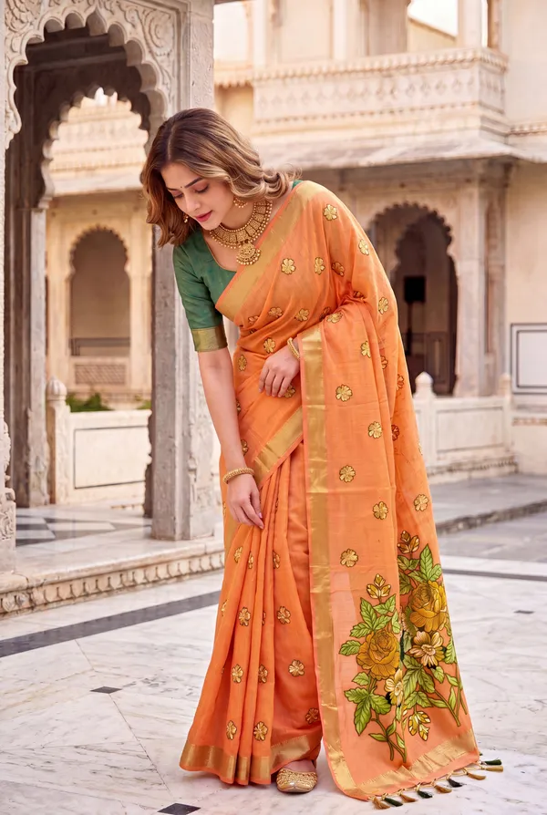Premium_Soft_Muga_Cotton_sarees_with_Beautiful_Colourfull_Resham_Weaving_Flower_Design_Pallu_With_Attractive_All_Over_Resham_Weaving__Flower_Design_With_Zari_Weaving_Border_And_Contrast_Blouse_With_Fancy_Tassels