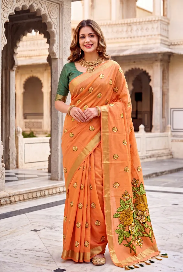 Premium_Soft_Muga_Cotton_sarees_with_Beautiful_Colourfull_Resham_Weaving_Flower_Design_Pallu_With_Attractive_All_Over_Resham_Weaving__Flower_Design_With_Zari_Weaving_Border_And_Contrast_Blouse_With_Fancy_Tassels