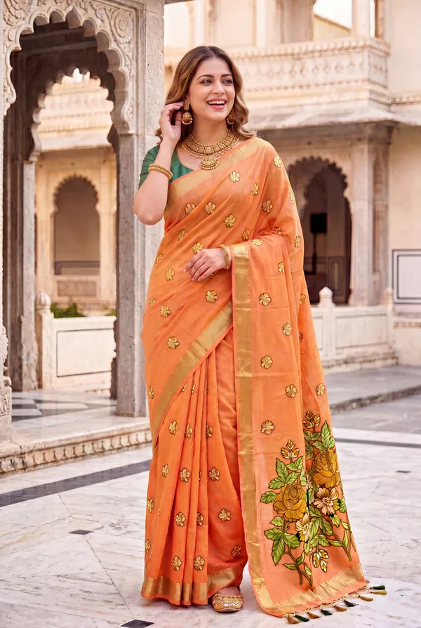 Premium_Soft_Muga_Cotton_sarees_with_Beautiful_Colourfull_Resham_Weaving_Flower_Design_Pallu_With_Attractive_All_Over_Resham_Weaving__Flower_Design_With_Zari_Weaving_Border_And_Contrast_Blouse_With_Fancy_Tassels