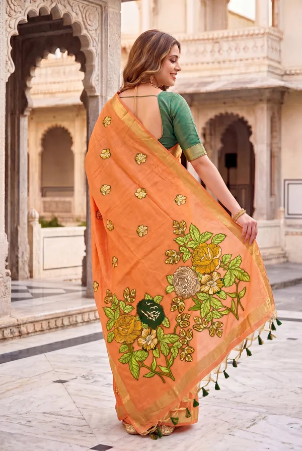 Premium_Soft_Muga_Cotton_sarees_with_Beautiful_Colourfull_Resham_Weaving_Flower_Design_Pallu_With_Attractive_All_Over_Resham_Weaving__Flower_Design_With_Zari_Weaving_Border_And_Contrast_Blouse_With_Fancy_Tassels
